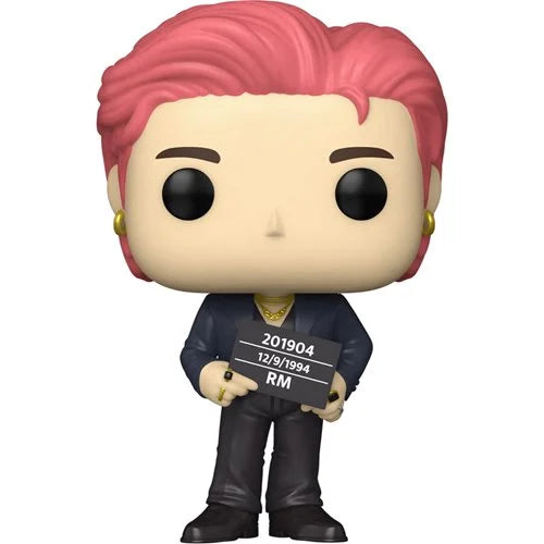 Funko Pop! Vinyl figure of BTS RM from the “Butter” MV, featuring pink slicked-back hair, a navy blue suit, gold chain accessories, and a nameplate with his stage name and birthdate.