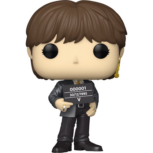 Funko Pop! Vinyl figure of BTS V from the “Butter” MV, dressed in a black suit with gold jewelry and holding a placard with his name and birthdate, featuring brown hair and signature earring.