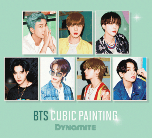 "BTS Cubic Painting Dynamite Edition DIY diamond art kit featuring all 7 BTS members – K-pop fan craft activity with sparkly beads and vibrant visuals"