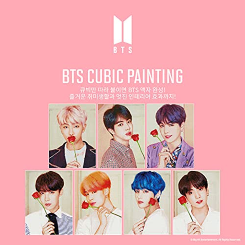 BTS Cubic Painting Vol.1 diamond art kit featuring all seven BTS members holding red roses, on a pink background – ideal K-pop craft and fan collectible.