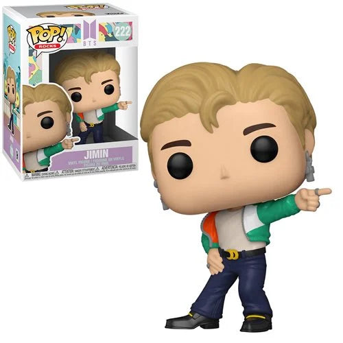 Funko Pop! Rocks BTS Dynamite Jimin vinyl figure #222 in green and orange bomber jacket with finger-gun pose; display box shown in background.