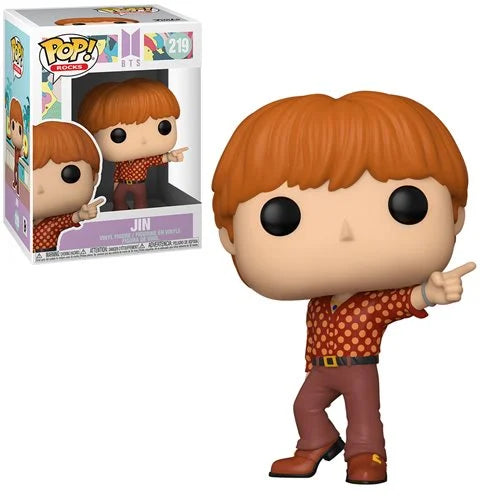 Funko Pop! Rocks BTS Dynamite Jin vinyl figure (#219) in retro red polka-dot shirt and burgundy pants, with matching display box shown.