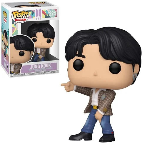 Funko Pop! Rocks BTS Dynamite Jungkook vinyl figure #224 in retro brown jacket and jeans, pointing pose with earring detail; packaging box shown in background.