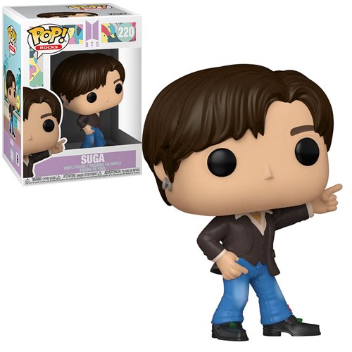Funko Pop! Rocks BTS Dynamite Suga vinyl figure #220 wearing brown jacket and blue jeans, posed with finger point; box included in background.