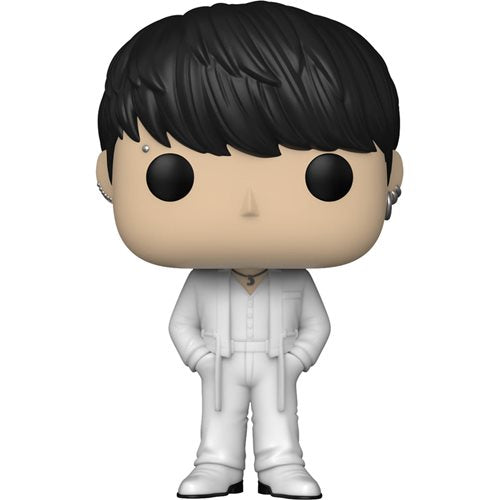 BTS Jungkook Funko Pop! Vinyl Figure wearing a stylish white outfit with silver earrings and black hair, officially licensed K-pop collectible for fans and Funko figure collectors.