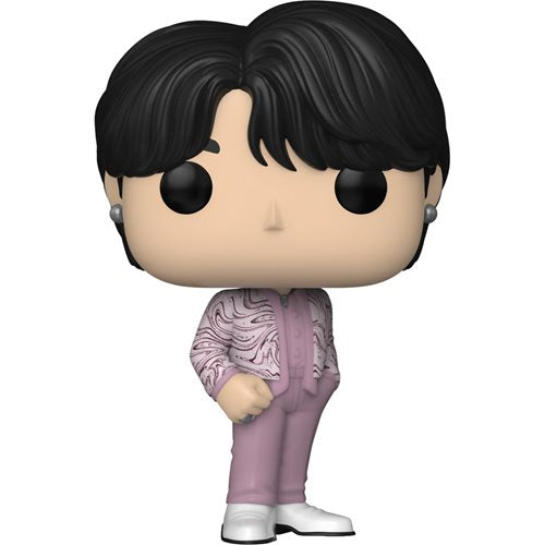 BTS Jimin Funko Pop! Vinyl Figure wearing pastel pink suit with patterned jacket, official K-pop collectible for BTS ARMY and Funko collectors.