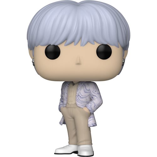 BTS SUGA Funko Pop! Vinyl Figure with silver hair, beige pants, and patterned jacket, officially licensed K-pop collectible for BTS fans and Funko figure collectors.