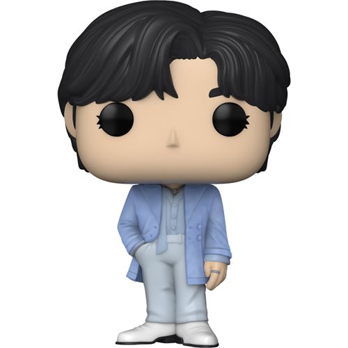 BTS V (Taehyung) Funko Pop! Vinyl Figure in soft blue outfit with wavy black hair, officially licensed K-pop collectible figurine for BTS and Funko collectors.
