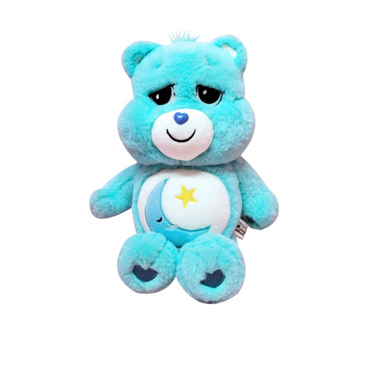 "Bedtime Bear Care Bears plush toy in soft aqua blue with crescent moon and star belly badge – cuddly stuffed animal for kids, sleep routines, and bedtime gifts"