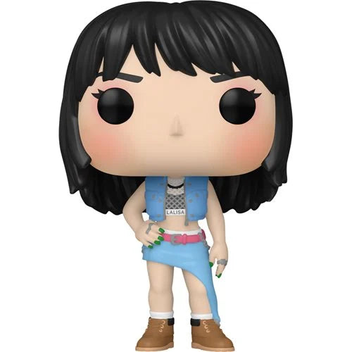BLACKPINK Lisa Funko Pop Vinyl Figure wearing asymmetrical blue outfit, brown boots, and green nail polish, with "LALISA" crop top and confident pose.