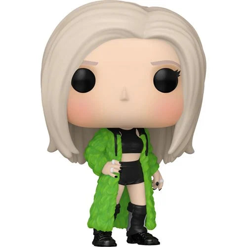 BLACKPINK Rosé Funko Pop Vinyl Figure with platinum blonde hair, neon green fur coat, black crop top and shorts, and black boots in confident pose.