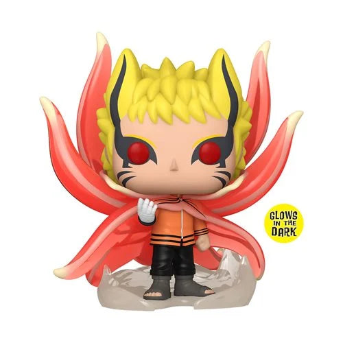 Naruto Baryon Mode 6-inch Funko Pop! Vinyl Figure glowing in the dark, with red eyes, black markings, chakra tails, orange outfit; AAA Anime Exclusive collectible from Boruto: Naruto Next Generations.