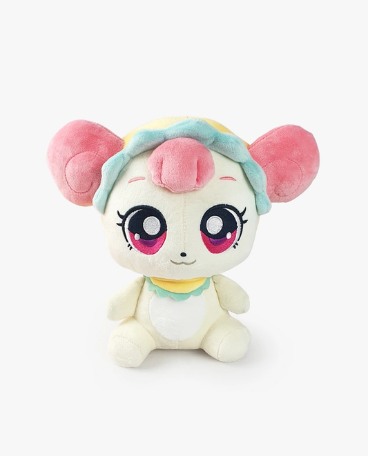 Teeniping Bebeping plush toy featuring pink eyes, cream-colored fur, large pink ears, and a pastel bonnet with scalloped trim, sitting upright with a sweet expression.