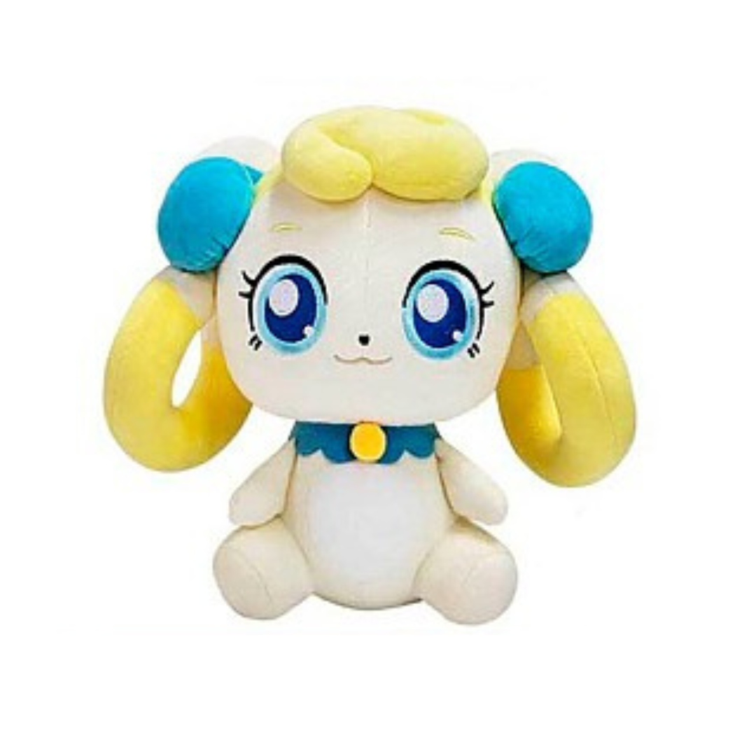 Catch! Teeniping Cozyping plush doll with yellow spiral pigtails, teal blue accents, large blue eyes, and a white body with a scalloped teal collar and yellow button.
