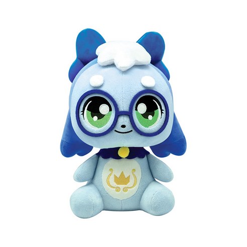 Teeniping Dadaping plush toy with round green eyes, blue glasses, and a crown emblem on its chest, sitting upright with blue ears and a white tuft of hair.