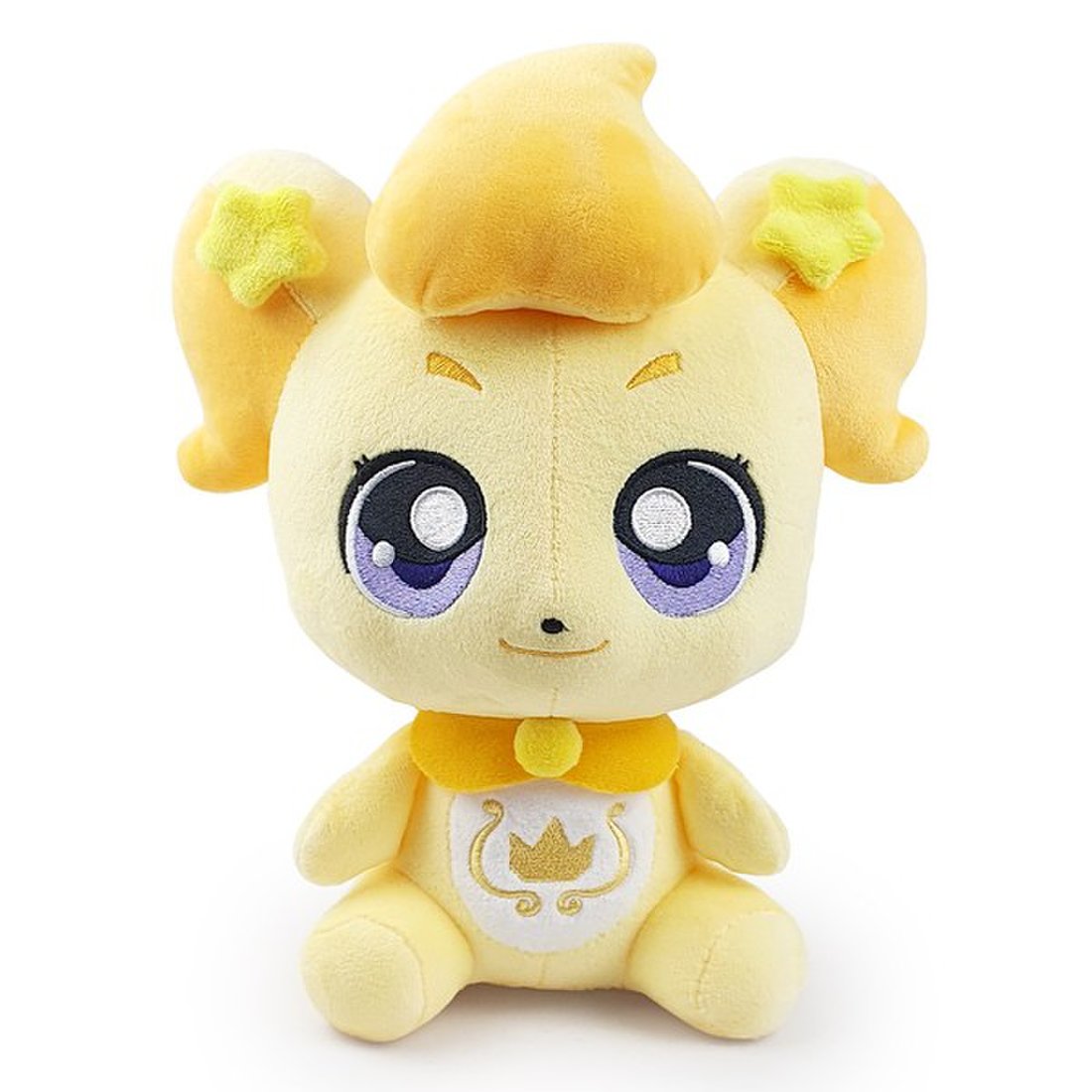 Catch! Teeniping Gogoping plush toy featuring yellow body, star-adorned hair tufts, purple eyes, and a golden emblem on the belly, sitting with a sweet smile.