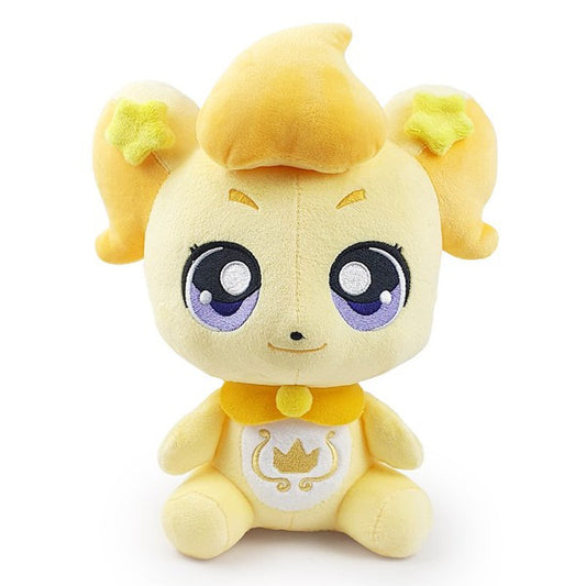 Catch! Teeniping Gogoping plush toy featuring yellow body, star-adorned hair tufts, purple eyes, and a golden emblem on the belly, sitting with a sweet smile.