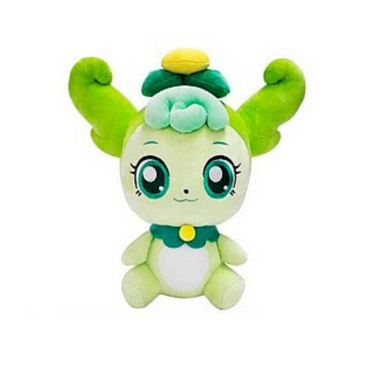 Catch! Teeniping Tickleping plush doll with light green body, teal eyes, swirly green twin curls, yellow flower crown, and green collar with a yellow button. Soft and cute plush character from Teeniping series.