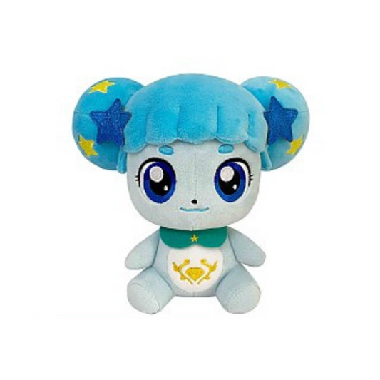 Catch! Teeniping Trustping plush doll with blue star-patterned pigtails, big blue eyes, and embroidered crown emblem on belly.