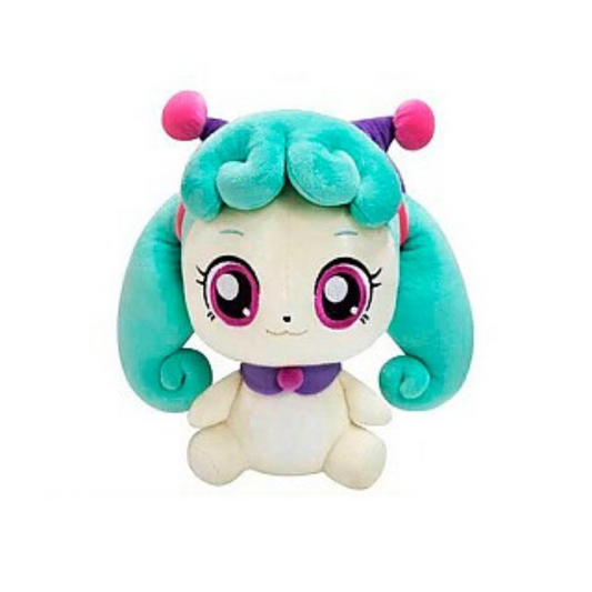 Catch! Teeniping Wishping plush doll with teal spiral pigtails, pink eyes, heart-shaped bangs, and a purple jester cap.