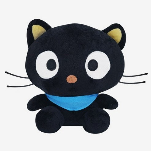Black Chococat plush with large expressive eyes and a blue scarf, a cute and unique Sanrio character plush.