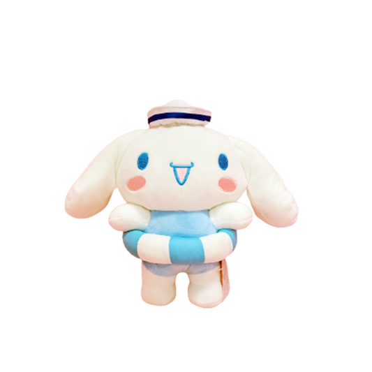 "Cinnamoroll Sanrio plush toy in summer beach style with sailor hat and blue float ring – soft stuffed animal for kawaii fans, seaside gifts, and summer collections"