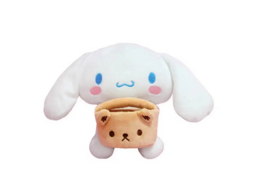 Cinnamoroll plush toy holding tan bear basket  – soft Sanrio stuffed animal with long floppy ears, blue eyes, and blushing cheeks, perfect for kawaii lovers and collectors