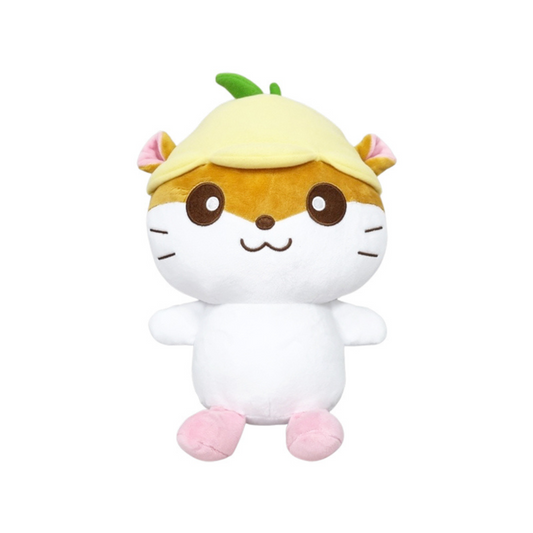 Corocoro Kuririn character plush with a melon-shaped hat and pink feet, smiling brightly.