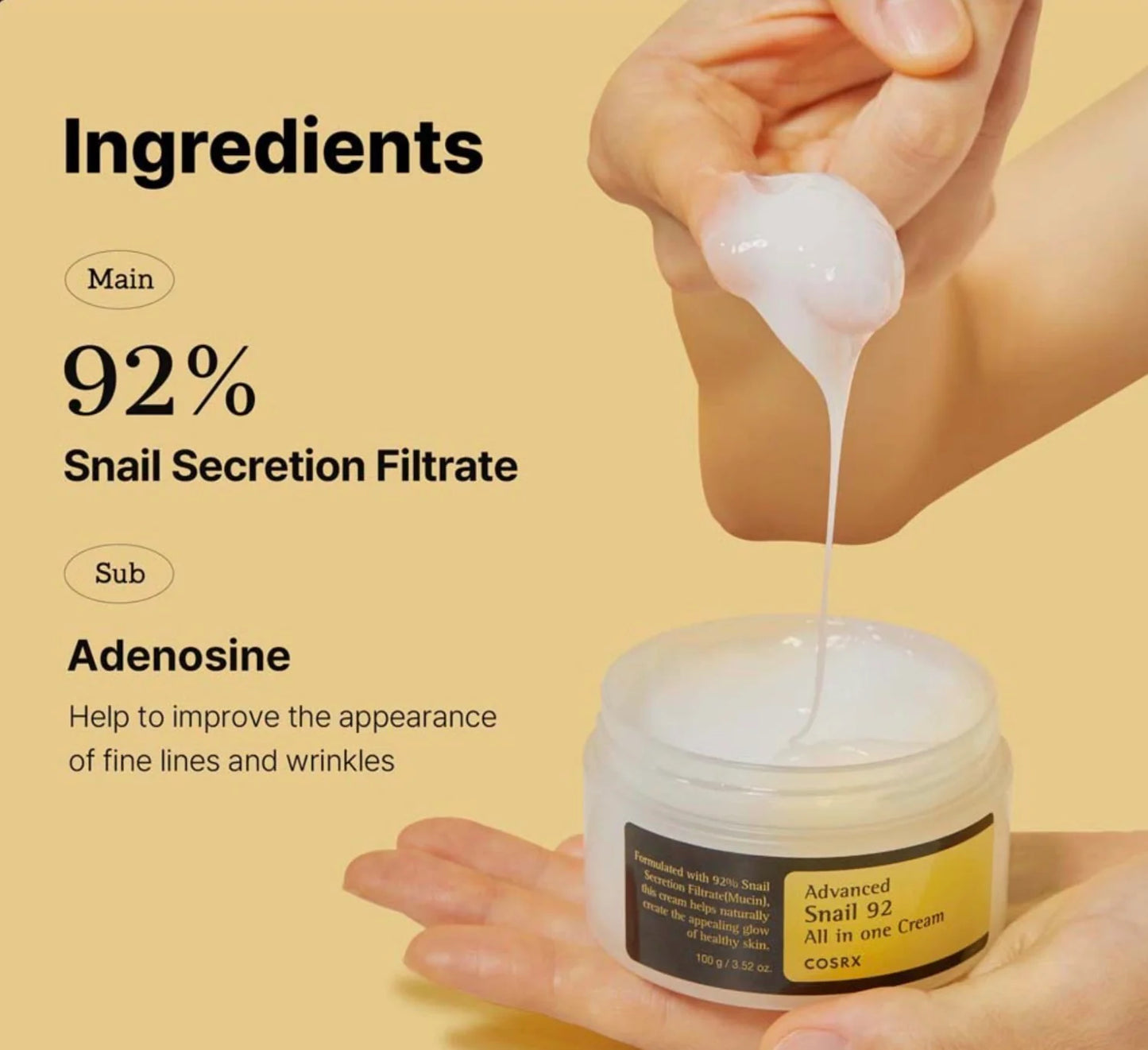 CosRX Advanced Snail 92 All in One Cream with snail secretion filtrate and adenosine on a beige background