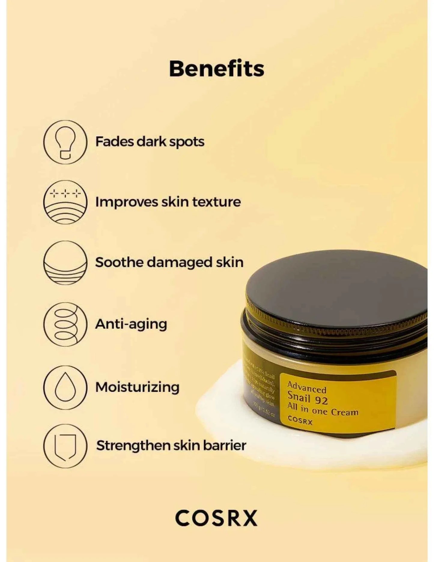 Cosrx skincare cream jar with benefits listed on a beige background