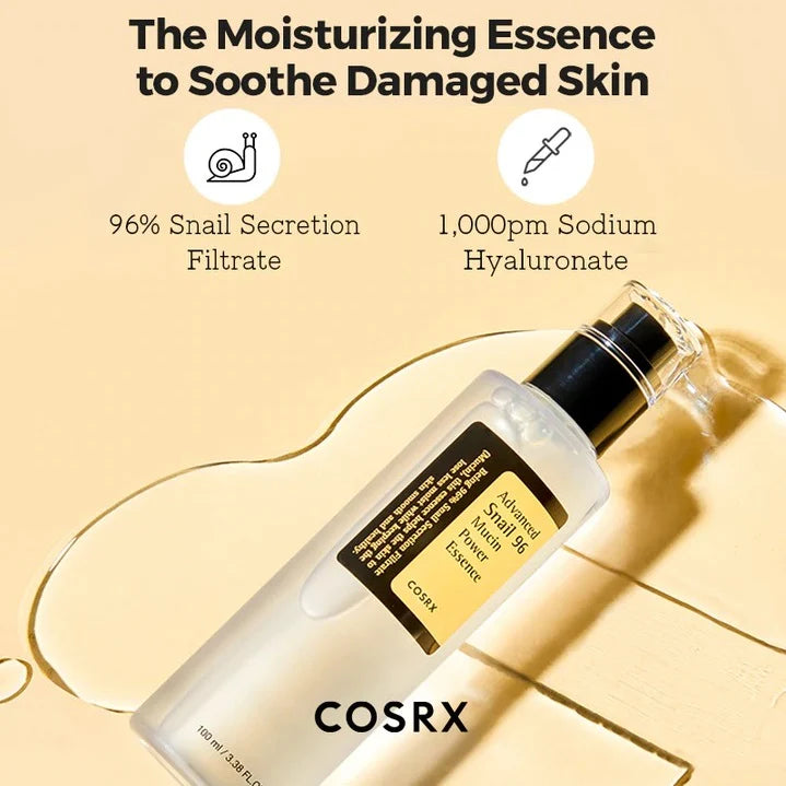 COSRX skincare product with text about moisturizing essence on a beige background
