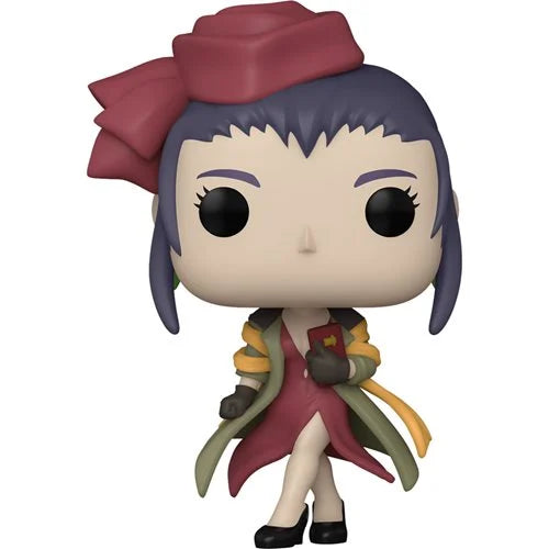 Funko Pop! Cowboy Bebop Faye Valentine vinyl figure wearing a red dress, green trench coat, red hat with bow, and holding a playing card.