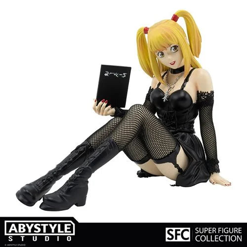 Death Note Misa Amane Super Figure Collection 1:10 scale figurine featuring Misa in gothic black dress with Death Note, fishnet stockings, and pigtails – ABYstyle Studio collectible.
