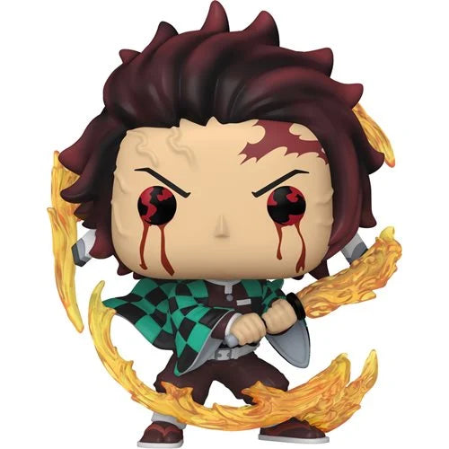 Demon Slayer Funko Pop Tanjiro Kamado Sun Breathing version with flame effects, checkered haori, and Blood Demon Art eyes