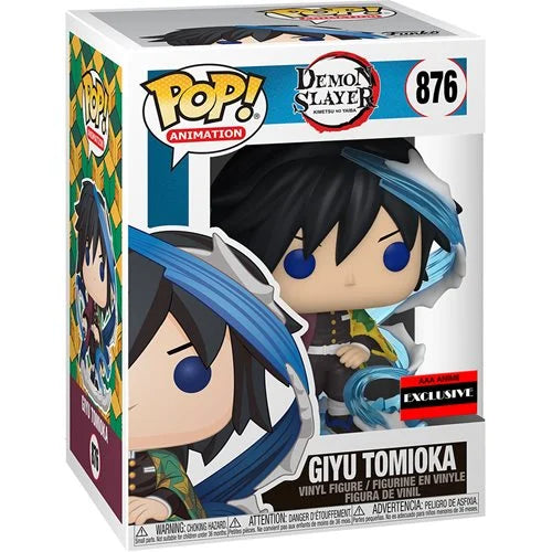 Demon Slayer Giyu Tomioka AAA Anime Exclusive Funko Pop! vinyl figure in box, featuring blue Water Breathing attack effect and iconic haori.