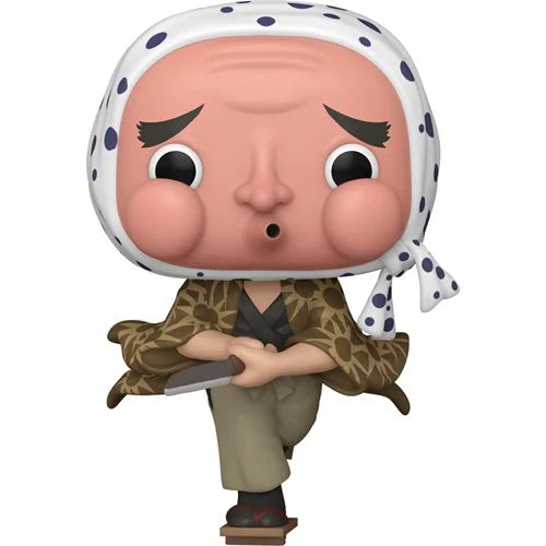 Funko Pop! Vinyl Figure #1407 of Haganezuka from Demon Slayer, featuring polka-dotted headscarf, puffed cheeks, and traditional kimono while holding a swordsmith tool mid-stride.
