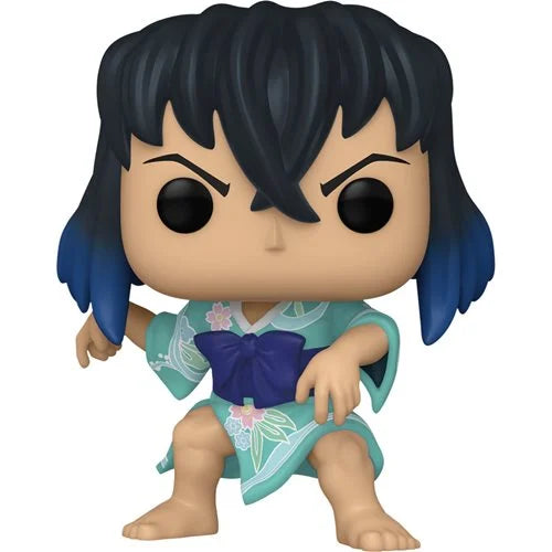 Funko Pop! Vinyl Figure of Inosuke Hashibira from Demon Slayer wearing a floral blue kimono with a purple sash, in crouching pose