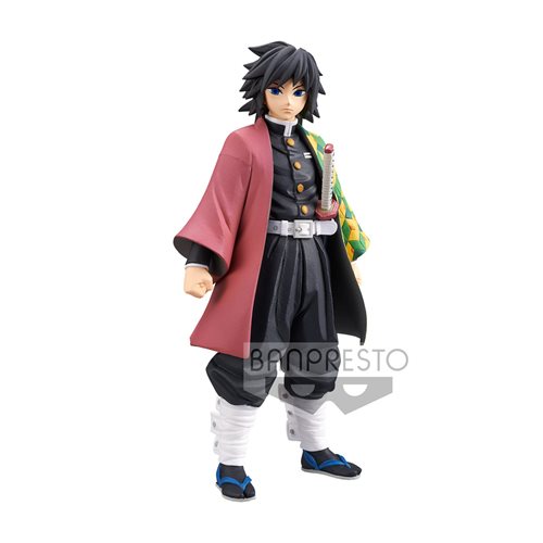 Banpresto Demon Slayer Giyu Tomioka Vol. 5 statue featuring Giyu in split-pattern haori with katana, standing poised and detailed in anime-accurate colors from Kimetsu no Yaiba.