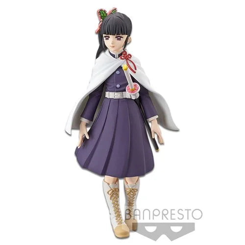 Kanao Tsuyuri Banpresto Vol. 7 statue from Demon Slayer anime, wearing purple uniform with white cape, butterfly hairpin, sword, and lace-up boots.