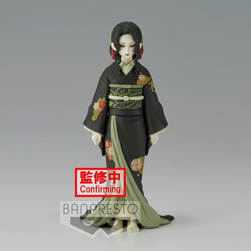 Banpresto Demon Slayer Muzan Kibutsuji Geisha Version Statue from Demon Series Vol. 6, featuring Muzan in a black floral kimono with red eyes, elegant pose, and traditional Japanese geisha attire.