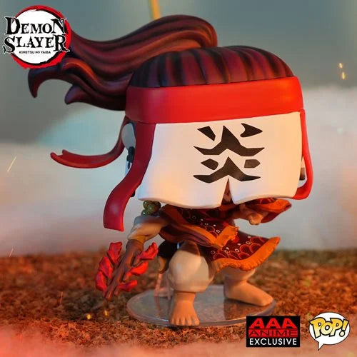Funko Pop vinyl figure of Tanjuro Kamado from Demon Slayer wearing a flame-marked white mask and traditional robe, holding a flaming sword, AAA Anime Exclusive edition.