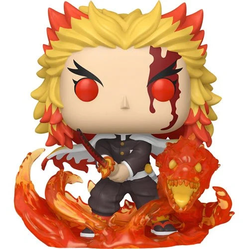 Funko Pop Demon Slayer Kyojuro Rengoku 9th Form vinyl figure with flame dragon and blood-streaked face, premium collectible in action pose.