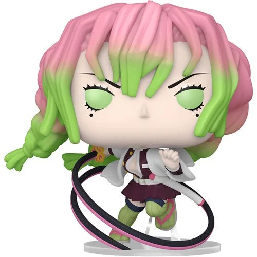 Demon Slayer Funko Pop Mitsuri Kanroji Attack Pose vinyl figure with pink and green hair, white haori, and Nichirin whip sword in action