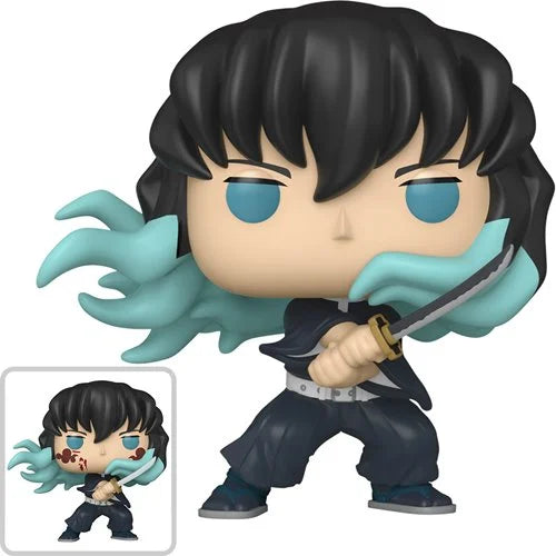 Demon Slayer Muichiro Tokito Funko Pop vinyl figure with mist breathing effect, black hair, teal eyes, and katana drawn in battle stance