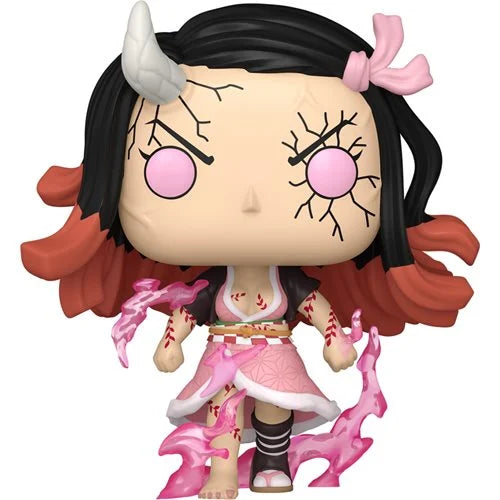 Demon Slayer Nezuko Kamado Funko Pop in demon form with horn, glowing pink eyes, cracked face, and pink flame effects