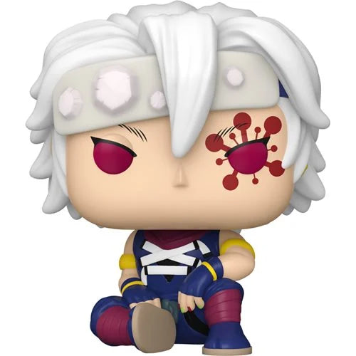 Demon Slayer Funko Pop Tengen Uzui Flashback sitting pose vinyl figure with white hair, battle makeup, and shinobi outfit