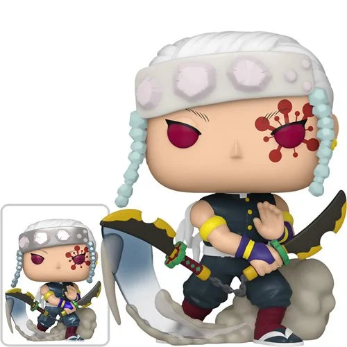 Demon Slayer Tengen Uzui Funko Pop Vinyl Figure #1533 with dual blades, jeweled headband, and smoke base