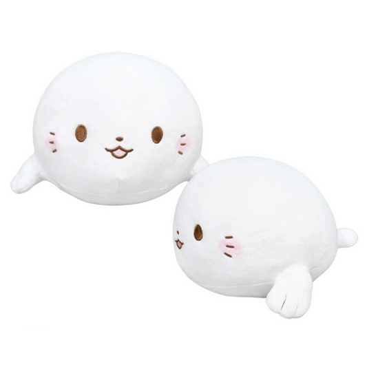 Pair of white round Maruttan seal plushies with blushing cheeks and cute expressions.