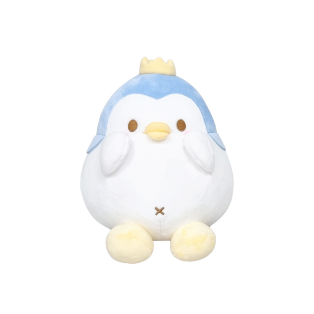 Mashu character plush from Dinguri Days wearing a blue penguin costume with a golden crown.