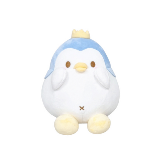 Mashu character plush from Dinguri Days wearing a blue penguin costume with a golden crown.